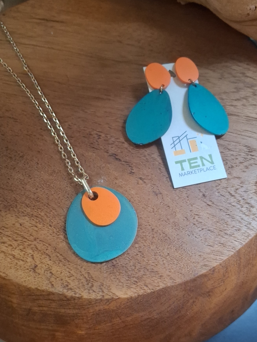 Teal and Orange Layered Disc Necklace and Earrings Set